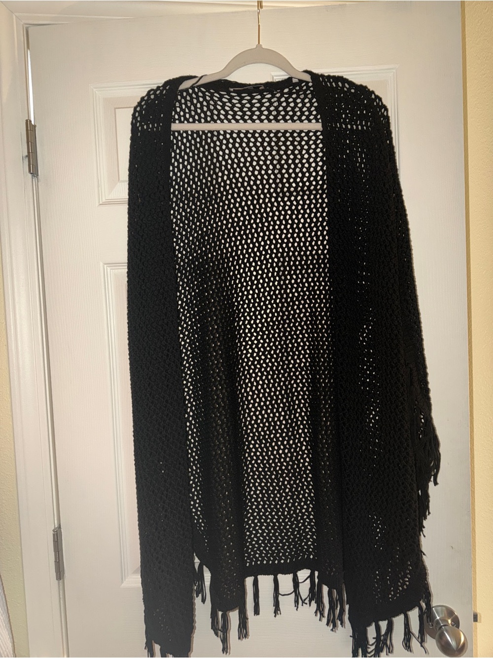 Black Open-Knit Fringe Poncho Cardigan